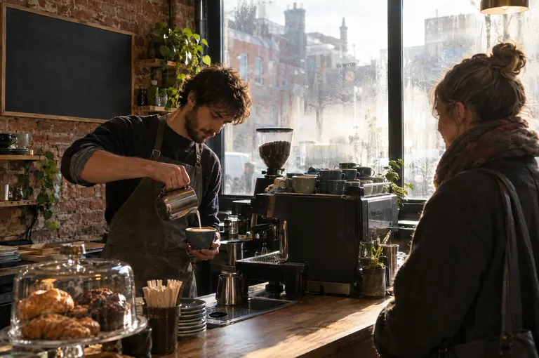 A barista pouring coffee in a café on a sunny morning