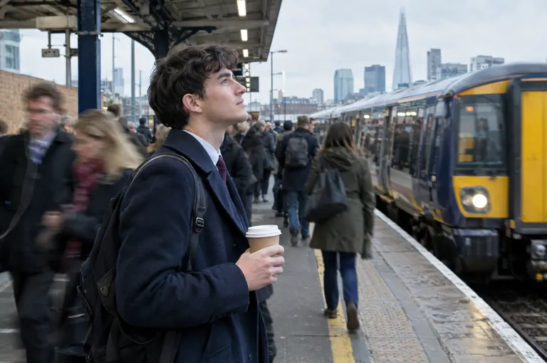 A young commuter with a coffee on a busy railway platform