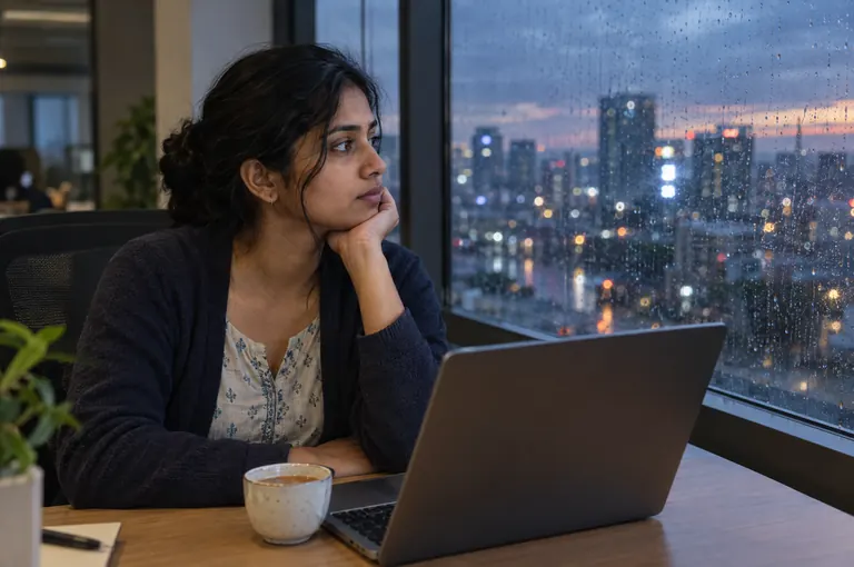 A woman at a laptop by a rainy office window at dusk