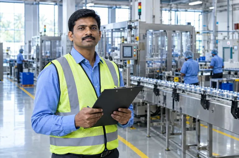 A supervisor in a hi-vis vest holding a clipboard on a factory floor
