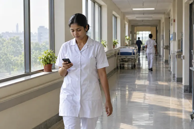 A nurse in a white uniform checking her phone in a sunlit hospital corridor