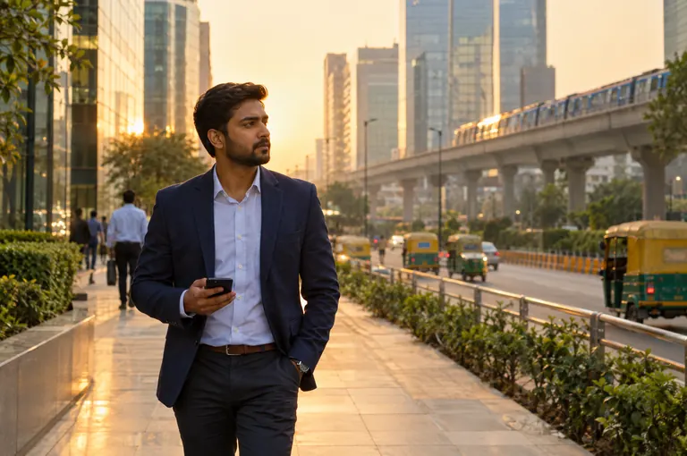 A man in a blazer walking past a metro line at sunset