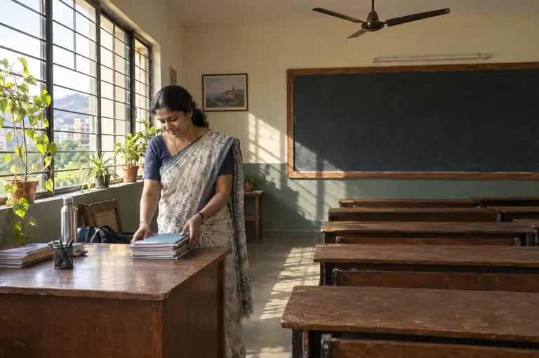 A teacher in a sari tidying books on her desk in an empty classroom