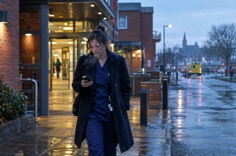 A nurse in scrubs and a wool coat leaving a hospital at dawn