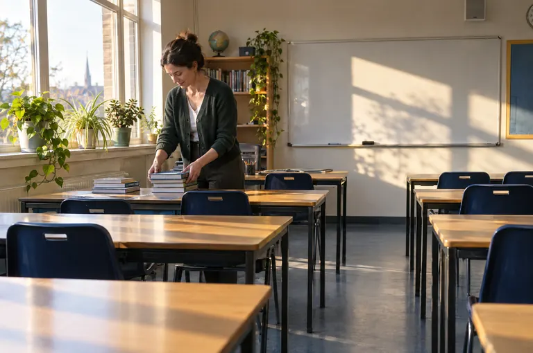 A teacher tidying books in an empty classroom after school