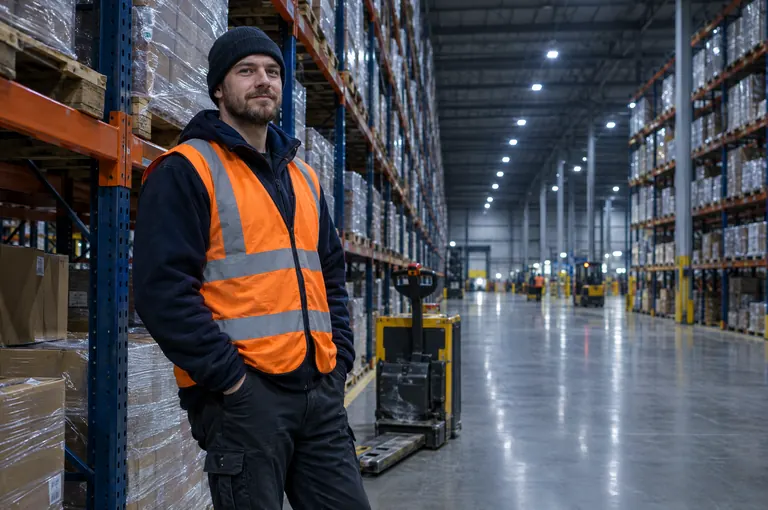A warehouse worker in a hi-vis vest standing beside tall racking